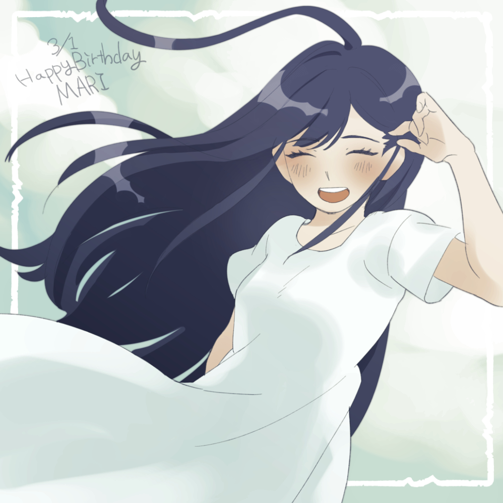 1girl, 4747moonwalk, :d, ^_^, ahoge, arm_behind_back, arm_up, black_hair, blush, breasts, character_name, closed_eyes, cloud, dated, dress, facing_viewer, grey_sky, hand_on_own_head, happy_birthday, huge_ahoge, inset_border, long_hair, mari_(omori), mari_(spirit)_(omori), omori, open_mouth, outdoors, short_sleeves, sidelocks, sky, small_breasts, smile, solo, swept_bangs, teeth, tongue, upper_body, upper_teeth_only, very_long_hair, white_dress
