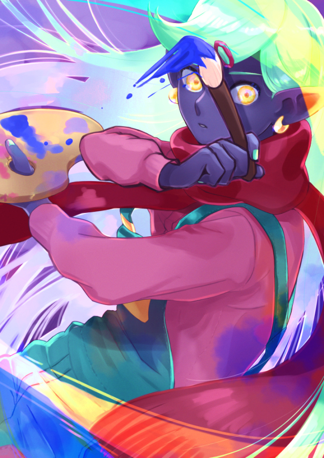 1boy, 4747moonwalk, androgynous, aqua_background, colored_skin, commentary, cowboy_shot, earrings