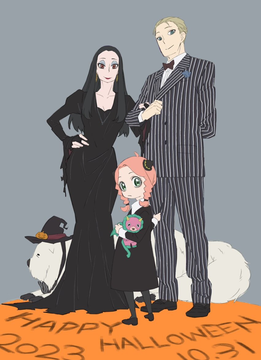 1boy, 2023, 2girls, ahoge, anya_(spy_x_family), arm_behind_back, ayamame, black_bow