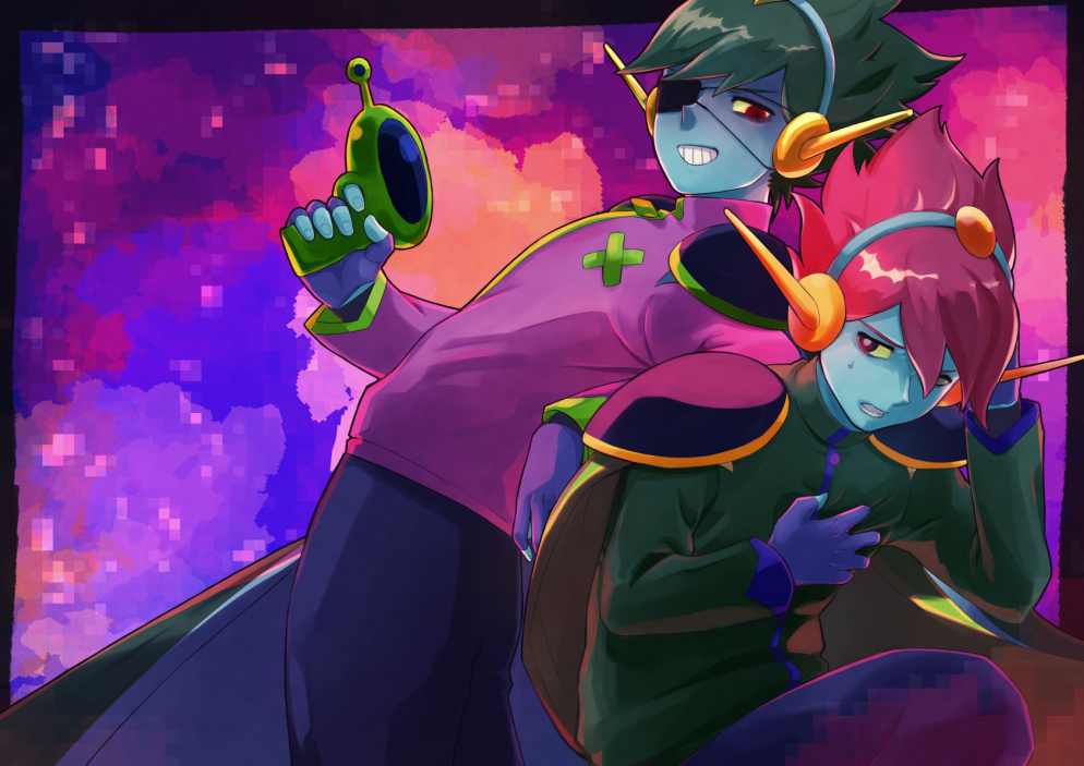 2boys, 4747moonwalk, :d, arched_back, armor, black_border, black_pants, blue_hairband