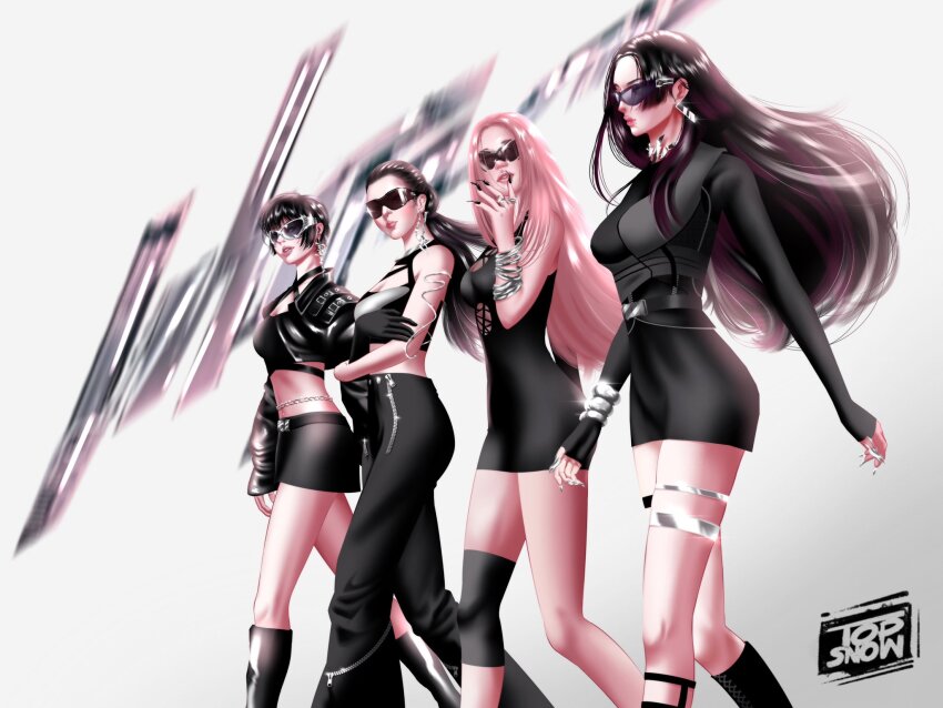 4girls, aespa, black_boots, black_dress, black_skirt, boots, bracelet, closed_mouth