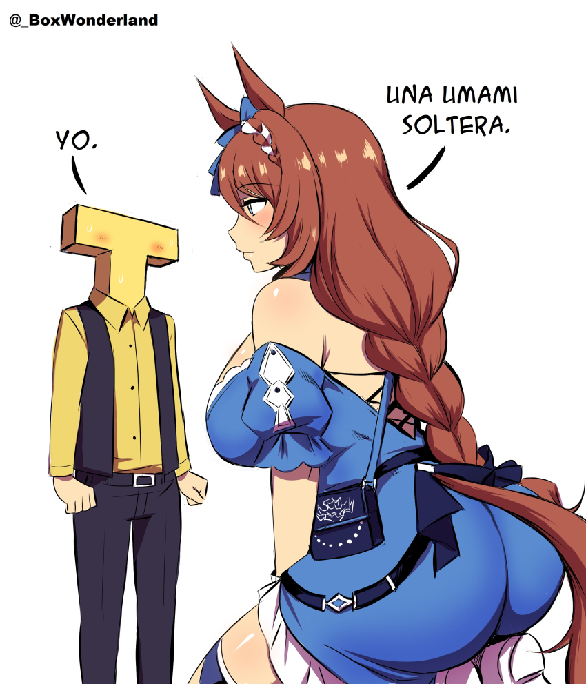 1girl, absurdres, animal_ears, ass, bent_over, blue_dress, blue_eyes, bow