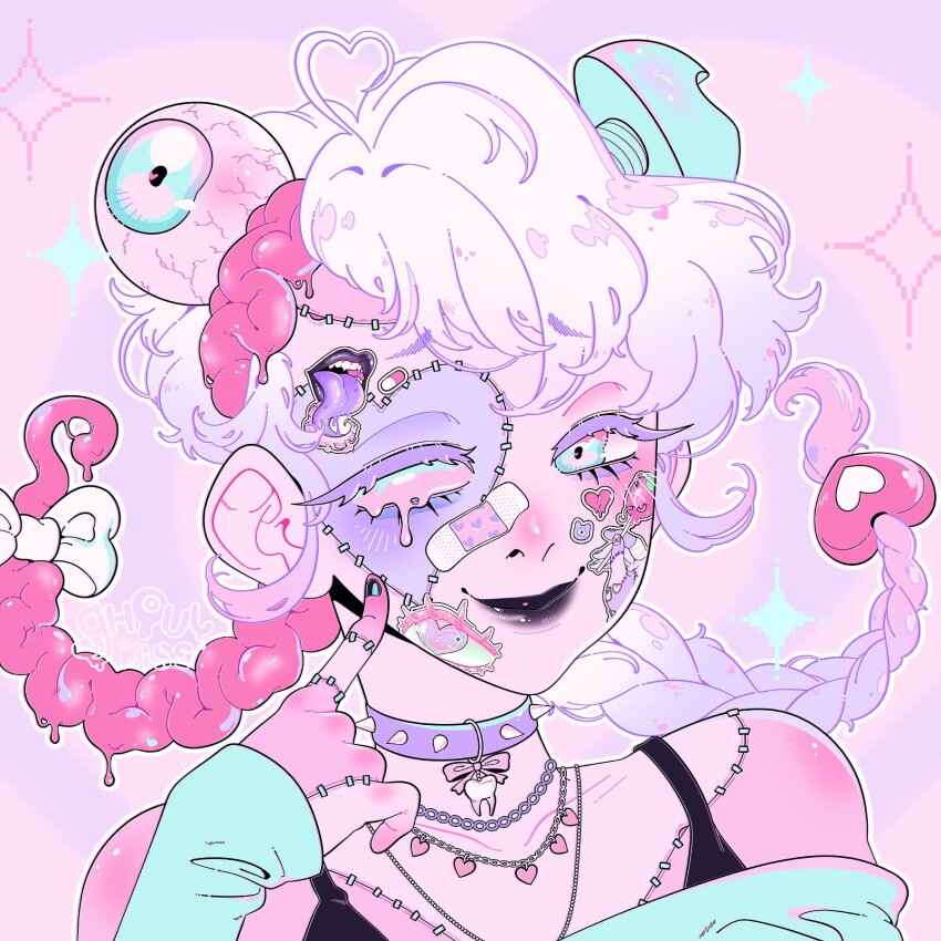 1girl, abstract_background, ahoge, aqua_arm_warmers, aqua_eyes, aqua_shirt, arm_warmers, artist_logo