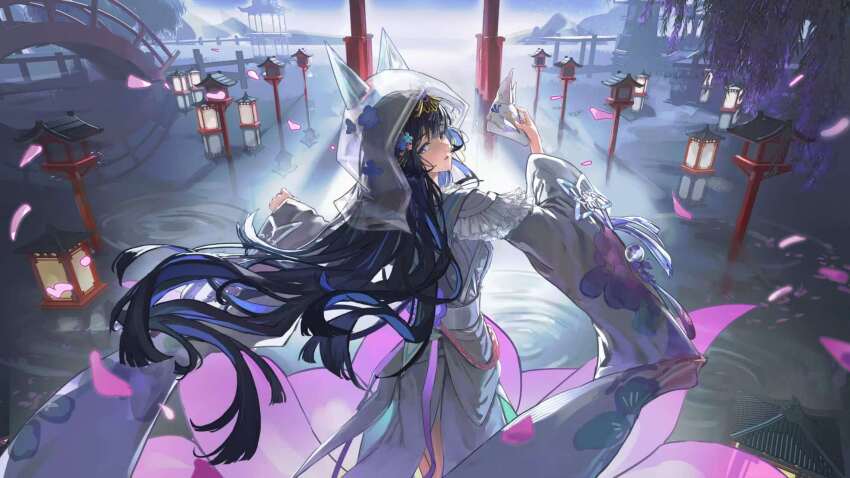 1girl, alternate_costume, black_hair, blue_eyes, blue_hair, blunt_bangs, bridge, highres