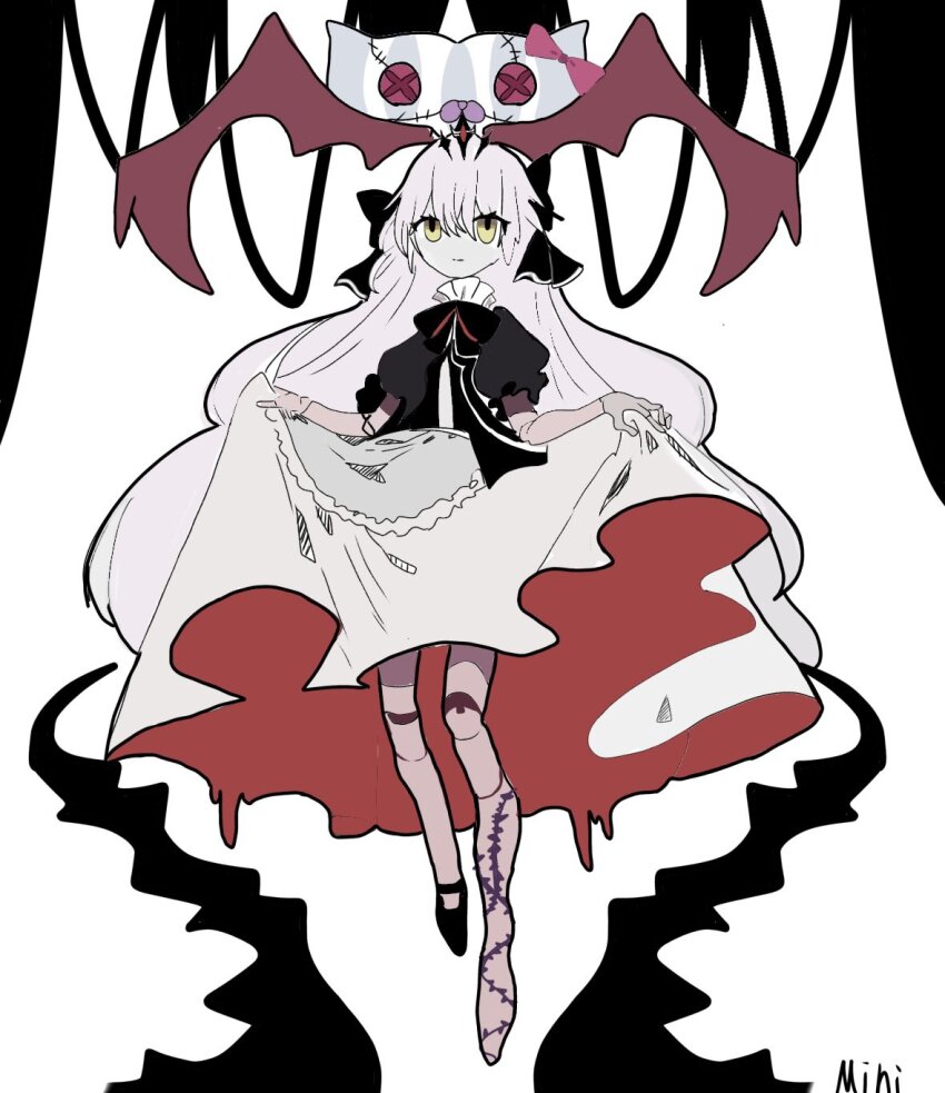 1girl, alternate_costume, bow, charlotta_skopovskaya, clothes_lift, dress, dress_lift, grey_hair, hair_bow, heaven_burns_red, highres, long_hair, mini_q, solo, stuffed_toy, white_dress, yellow_eyes