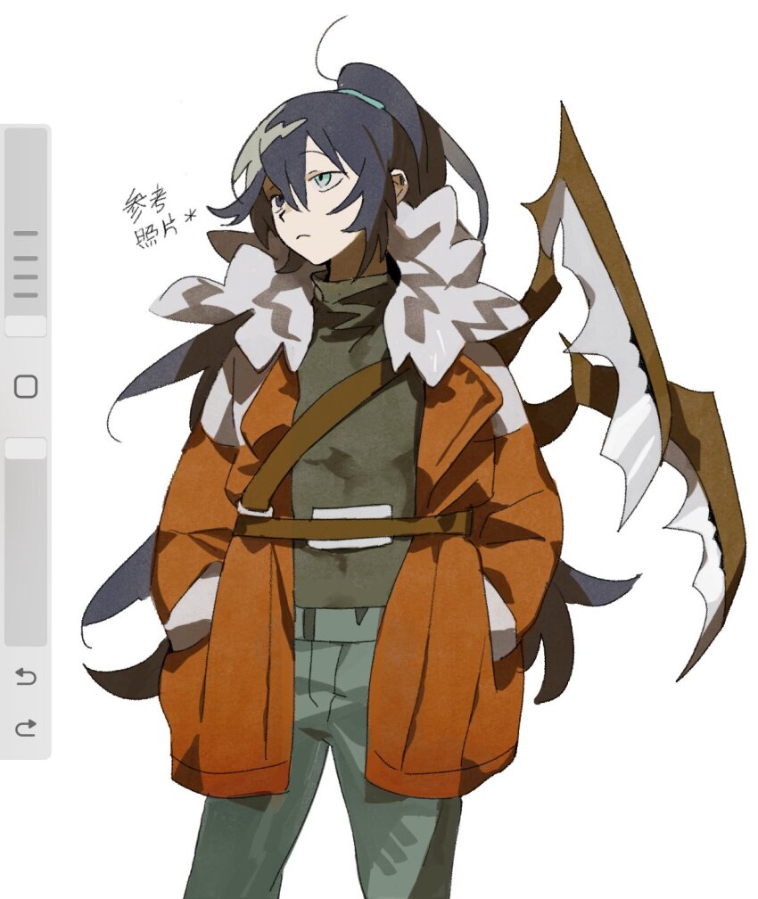 1boy, aqua_eyes, art_program_in_frame, bakori514_(h_akka), black_eyes, black_hair, black_shirt, fur-trimmed_jacket