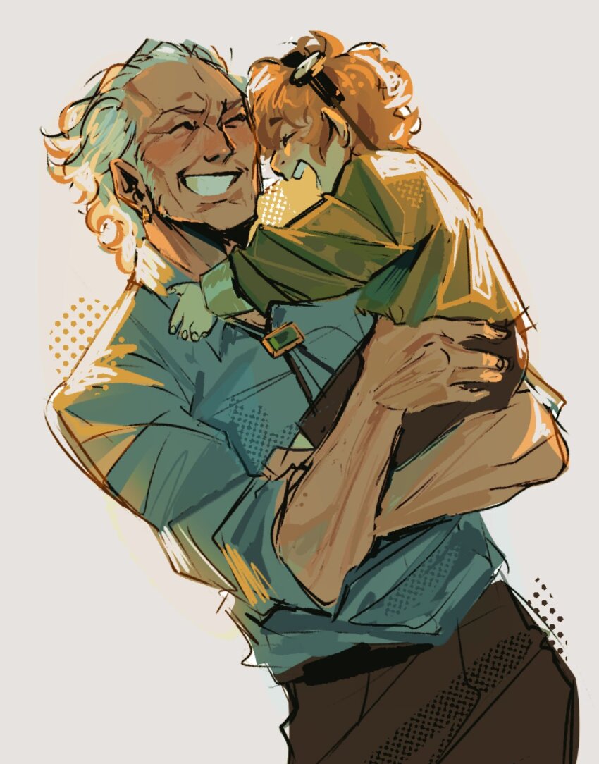 2boys, blonde_hair, blue_shirt, bolo_tie, carrying, child, child_carry, closed_eyes