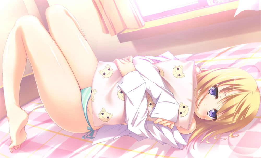 10s, 1girl, barefoot, bed, blonde_hair, blush, charlotte_dunois, feet, female_focus, hitoguchi_(hioxhio), hugging_object, indoors, infinite_stratos, long_legs, lying, on_bed, panties, pillow, pillow_hug, purple_eyes, shirt, solo, striped_clothes, striped_panties, underwear, white_shirt, window