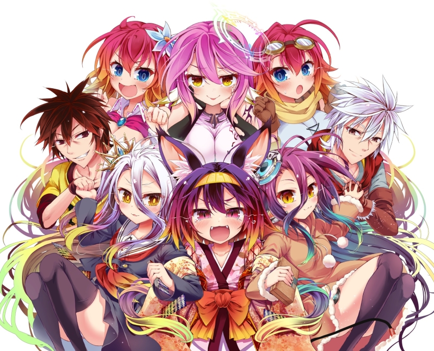 2boys, 6+girls, :3, :o, :p, ancestor_and_descendant, angel_wings, animal_ears, black_gloves, blonde_hair, blue_eyes, blush, breasts, brown_hair, couronne_(no_game_no_life), crown, crying, crying_with_eyes_open, curious, elbow_gloves, fangs, feathered_wings, fox_ears, fox_girl, gloves, grabbing_another's_arm, gradient_hair, grin, hair_between_eyes, hairband, halo, hands_on_own_cheeks, hands_on_own_face, hands_up, hatsuse_izuna, highres, holding_hands, hood, hood_down, hoodie, japanese_clothes, jibril_(no_game_no_life), kimono, knees_up, large_breasts, legs_together, locked_arms, long_hair, long_hair_between_eyes, looking_at_viewer, medium_breasts, medium_hair, mikage_(shibi), mini_crown, multicolored_hair, multiple_boys, multiple_girls, neckerchief, no_game_no_life, orange_hair, pink_eyes, pink_hair, purple_eyes, purple_hair, purple_serafuku, red_eyes, red_hair, reincarnation, riku_(no_game_no_life), sailor_collar, scarf, school_uniform, serafuku, shiro_(no_game_no_life), short_hair, schwi_(no_game_no_life), simple_background, single_glove, slit_pupils, small_breasts, smile, smug, sora_(no_game_no_life), stephanie_dora, symmetrical_pose, tearing_up, tears, thighhighs, thighs, tongue, tongue_out, upper_body, very_long_hair, white_background, white_hair, white_sailor_collar, white_wings, wings, yellow_eyes, yellow_hairband, yellow_scarf