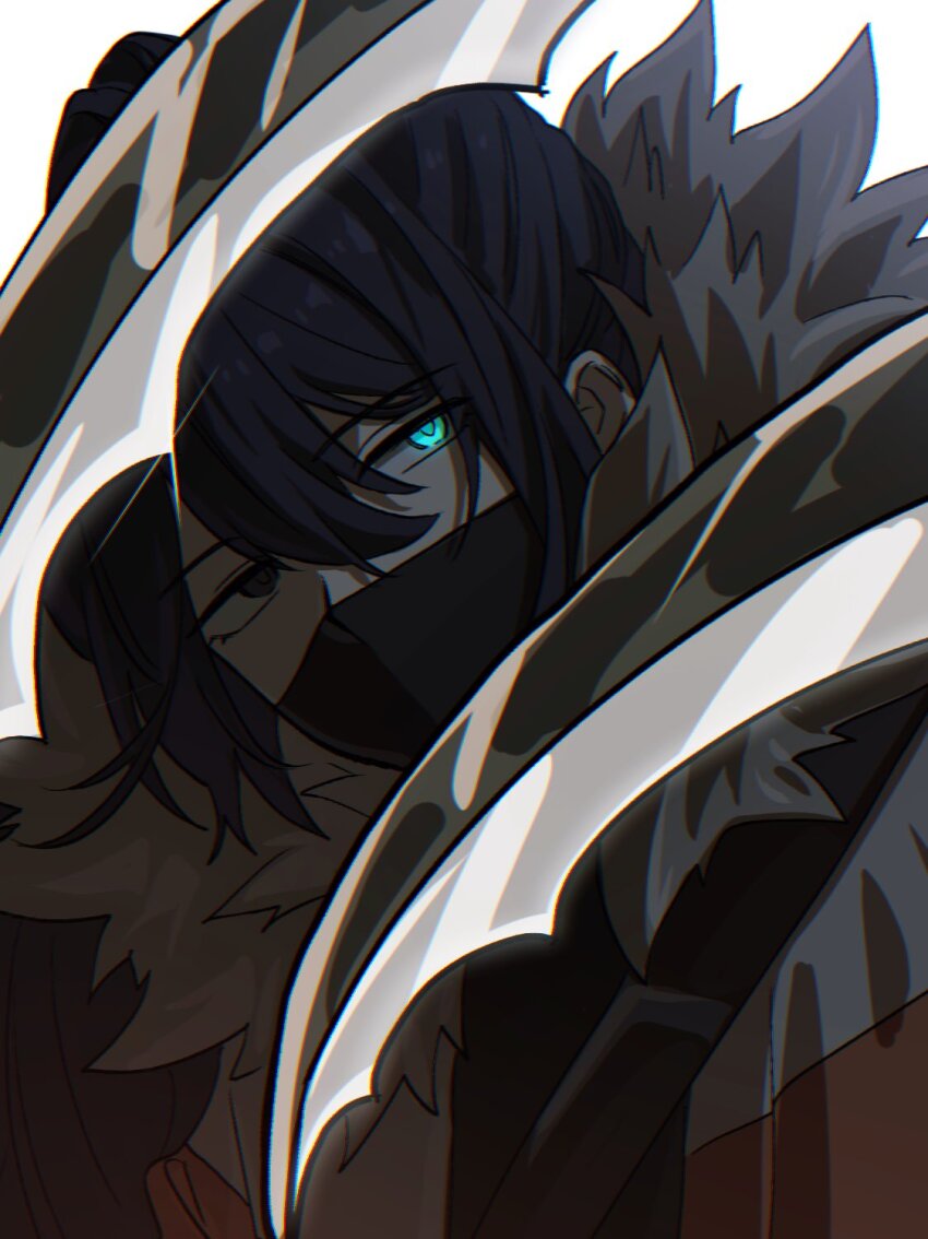 1boy, aqua_eyes, black_eyes, black_hair, eipenor, fur-trimmed_jacket, fur_trim, heterochromia