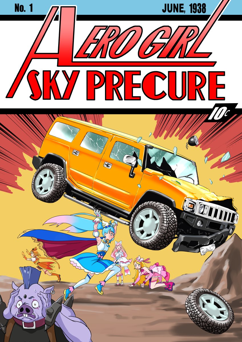 2boys, 3girls, action_comics, all_fours, ankle_boots, blonde_hair, blue_boots, blue_bow