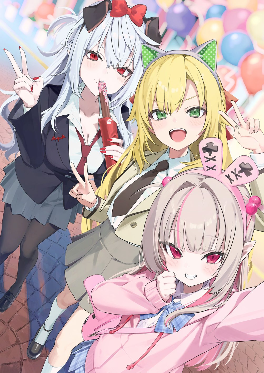 1boy, 2girls, alternate_costume, animal_ear_hairband, animal_ears, black_jacket, blazer, blonde_hair