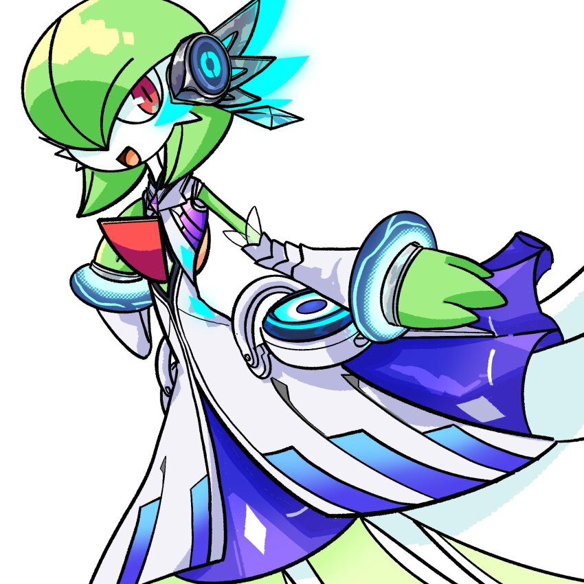 bob_cut, clothed_pokemon, colored_skin, detached_sleeves, dress, gardevoir, gardevoir_(songstress), gen_3_pokemon, green_hair, green_skin, hair_over_one_eye, highres, looking_at_viewer, mikanbouzuuu, multicolored_skin, nintendo, open_mouth, pink_eyes, pokemon, pokemon_(creature), pokemon_unite, simple_background, smile, two-tone_skin, white_background, white_skin