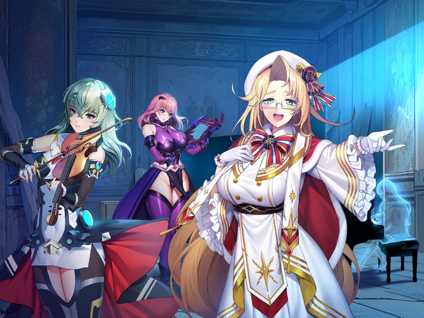 3girls, abdooly, action_taimanin, alternate_costume, blonde_hair, braid, breasts, curvy, desk, dress, emily_simmons, fingerless_gloves, game_cg, glasses, gloves, green_eyes, grey_hair, hat, indoors, instrument, kikuchi_aoi, large_breasts, leotard, leotard_under_clothes, library, lilith-soft, long_hair, looking_at_viewer, multiple_girls, muromachi_kanade, music, neon_lights, no_bra, open_mouth, pink_hair, revealing_clothes, road, shiny_skin, singing, single_braid, sitting, skirt, smile, taimanin_(series), very_long_hair, violin