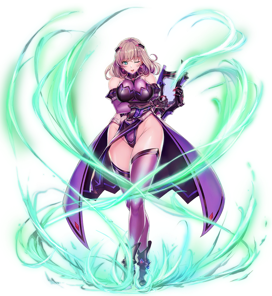 1girl, action_taimanin, aqua_eyes, armor, aura, breasts, curvy, earrings, full_body, grey_hair, harp, highleg, highleg_leotard, instrument, jewelry, kikuchi_aoi, large_breasts, leotard, leotard_under_clothes, lilith-soft, long_hair, looking_at_viewer, official_art, one_eye_closed, open_mouth, revealing_clothes, saijou_satoru, shiny_clothes, shiny_skin, smile, solo, standing, taimanin_(series), thong_leotard, transparent_background