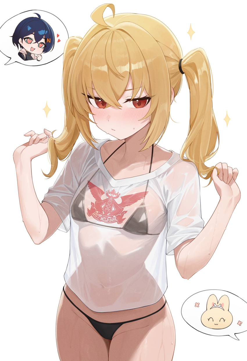 2girls, 3girls, absurdres, ahoge, alice_thymefield, belle_(zenless_zone_zero), bikini, black_bikini, blonde_hair, blue_hair, blush, breasts, character_request, chibi, closed_mouth, commentary, cowboy_shot, crossed_bangs, dot_nose, green_eyes, groin, hair_between_eyes, half-closed_eyes, halterneck, hands_clasped_in_delight, hands_up, heart, heart-shaped_pupils, highres, holding, holding_own_hair, loli, long_hair, luciana_de_montefio, micro_bikini, multiple_girls, navel, no_pants, open_mouth, rabbit, red_eyes, see-through_clothes, see-through_shirt, see-through_sleeves, shirt, short_hair, short_sleeves, simple_background, small_breasts, solo_focus, sparkle, speech_bubble, spoken_animal, spoken_character, standing, swimsuit, symbol-shaped_pupils, thighs, twintails, weimiaw, wet, wet_clothes, wet_shirt, white_background, white_shirt, zenless_zone_zero