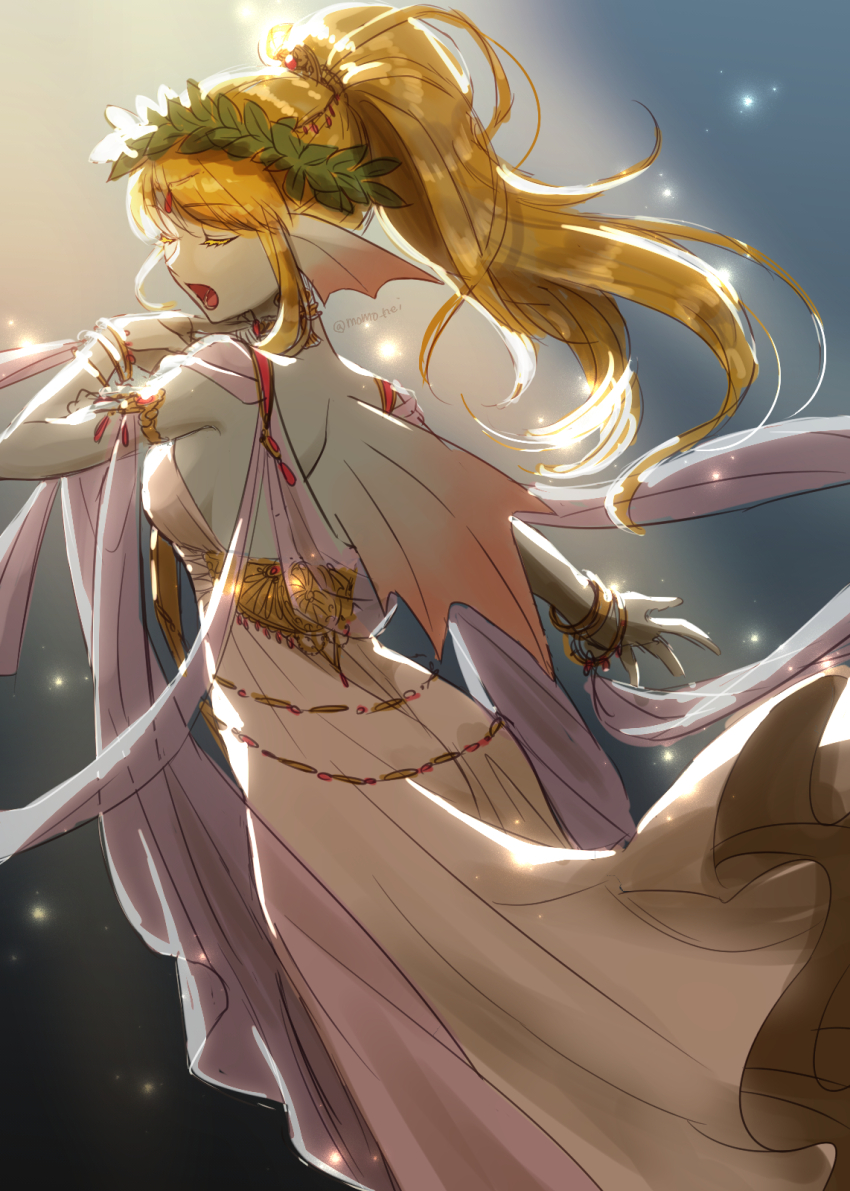 1girl, alternate_costume, aqua_skin, armlet, back_fin, blonde_hair, bracelet, character_request