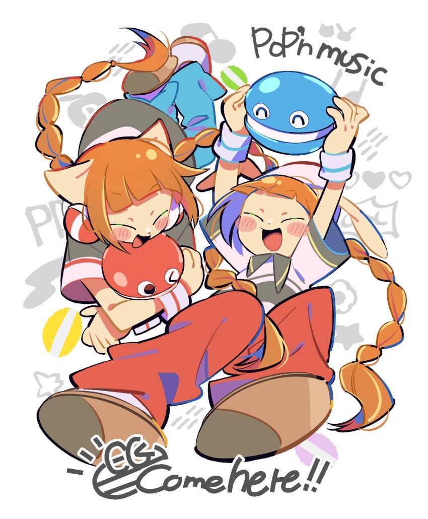 2girls, :d, animal_ears, bemani, black_shirt, blue_pants, blush_stickers, braid