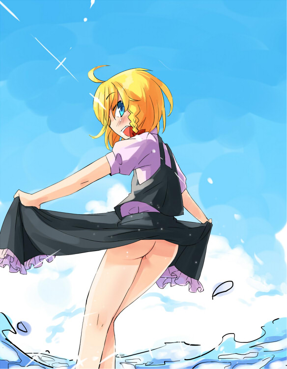 1girl, ahoge, ass, blonde_hair, blue_eyes, blush, braid, clothes_lift