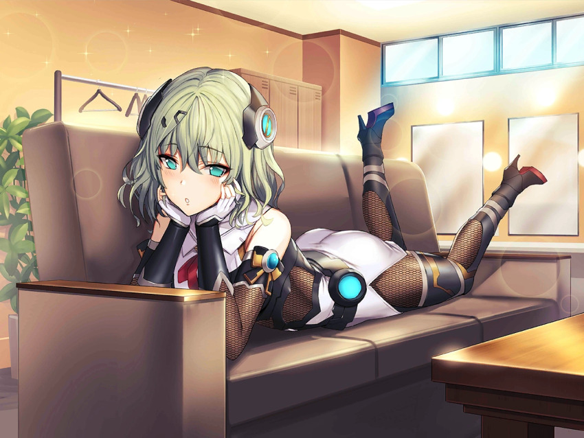 1girl, :o, action_taimanin, aqua_eyes, armor, ass, breasts, dress, fingerless_gloves, full_body, game_cg, gloves, green_hair, indoors, lilith-soft, looking_at_viewer, lying, matsumoto_mitsuaki, medium_hair, muromachi_kanade, official_art, on_stomach, shiny_clothes, shiny_skin, solo, taimanin_(series), transparent_background, wide_hips