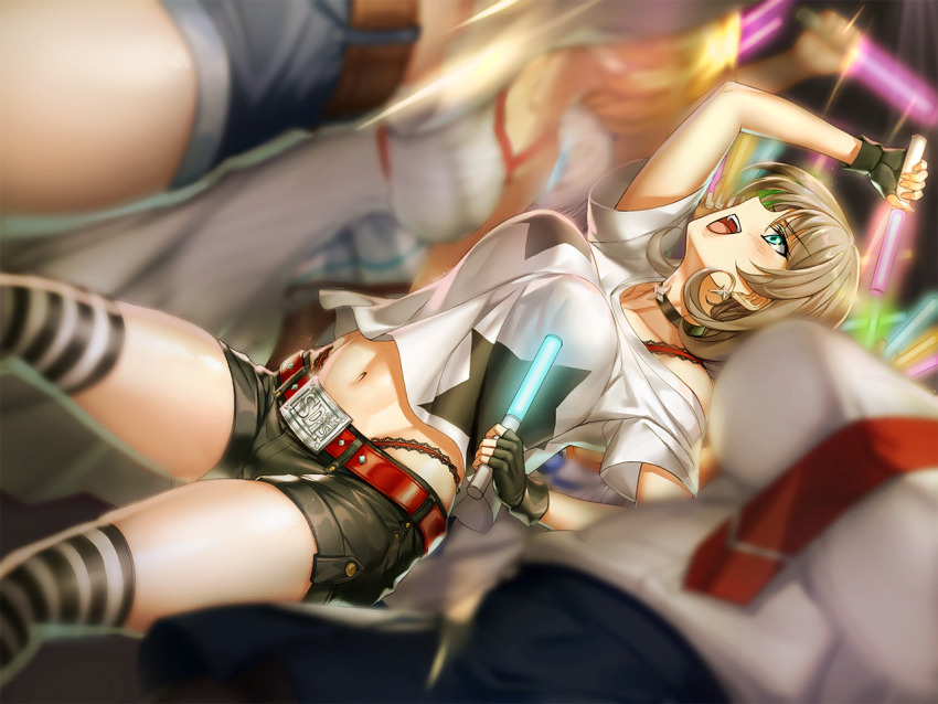 1girl, 6+girls, action_taimanin, aqua_eyes, arm_up, blush, bouncing_breasts, breasts