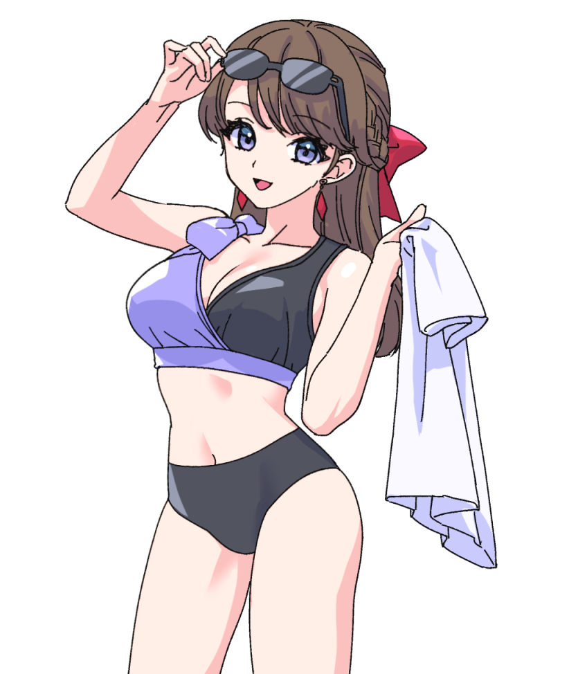 1girl, :d, adjusting_eyewear, alternate_costume, bikini, black_bikini, blue_eyes, bow