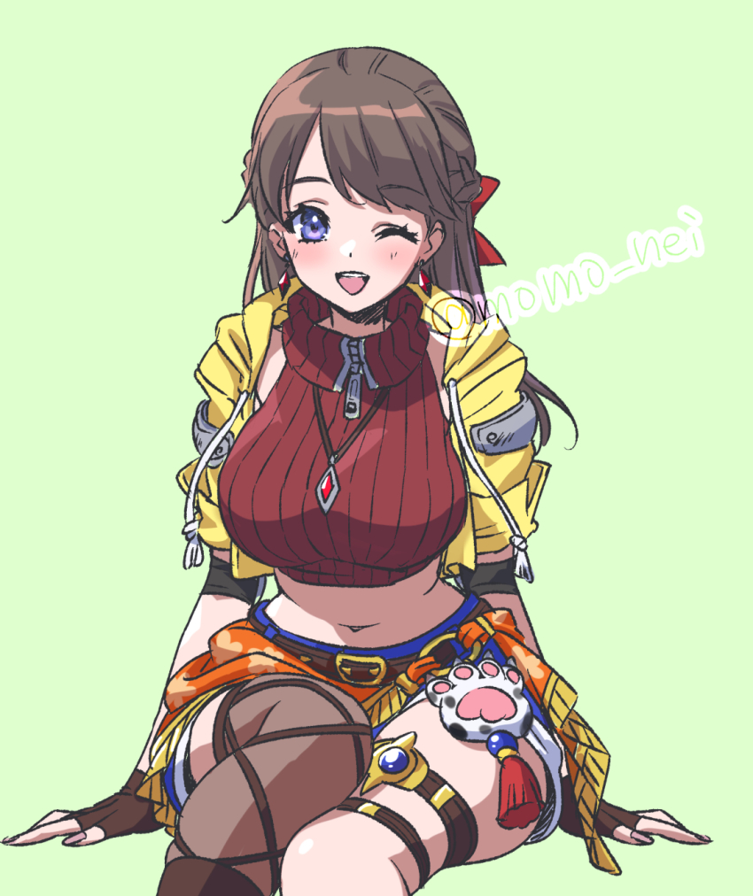 1girl, ;d, alternate_costume, blue_eyes, blue_gem, blue_shorts, bow, braid