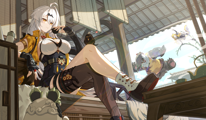 1boy, 2girls, absurdres, ahoge, animal_ears, bamboo, bangboo_(zenless_zone_zero), belion_(zenless_zone_zero)