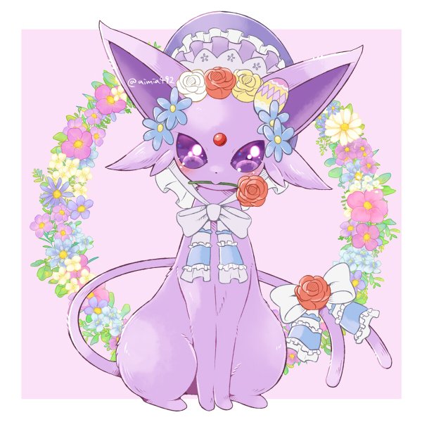 aimi_(aimia492), bonnet, commentary_request, espeon, espeon_(botanical_easter), flower, frills, gen_2_pokemon