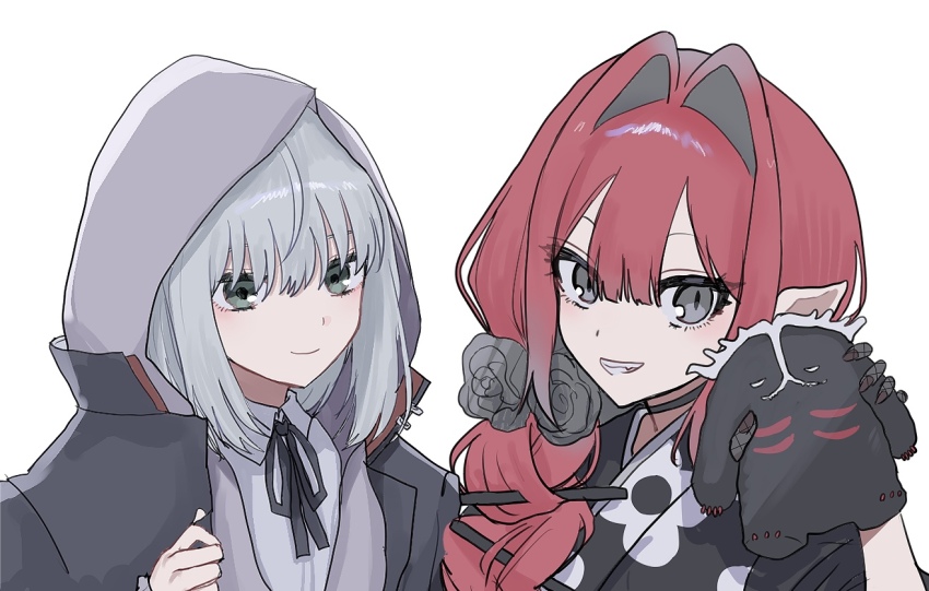 2girls, baobhan_sith_(fate), baobhan_sith_(over_the_same_sky)_(fate), black_kimono, cernunnos_(fate), fate/grand_order, fate_(series), fishnet_gloves