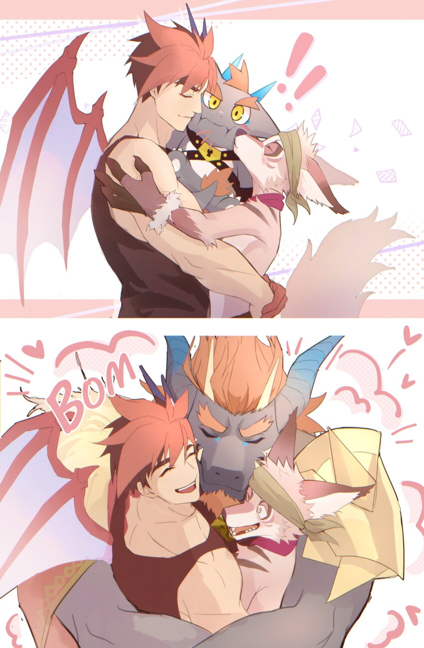 3boys, absurdres, amorey_(another_eidos), another_eidos-r, bara, barboros_(another_eidos), black_tank_top, boy_sandwich, closed_eyes, commentary, dragon_boy, furry, furry_male, gaia_(another_eidos), highres, hug, kiss, kissing_cheek, lock, male_focus, multiple_boys, muuunya000, padlock, red_hair, sandwiched, sharp_teeth, short_hair, spiked_hair, untranslatable_commentary, tank_top, teeth, wings, wolf_boy, yaoi, yellow_eyes
