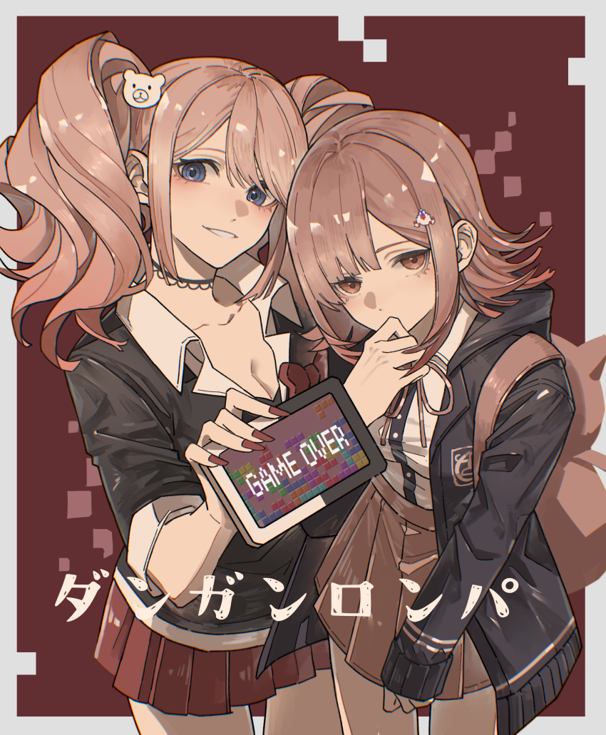 2girls, absurdres, animal_bag, bag, bear_hair_ornament, black_shirt, blonde_hair, blue_eyes