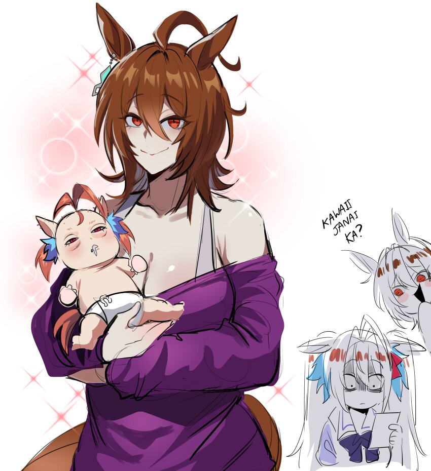 2girls, absurdres, aged_down, agnes_tachyon_(casual)_(umamusume), agnes_tachyon_(umamusume), ahoge, animal_ears, baby, blush, breasts, brown_hair, daiwa_scarlet_(umamusume), drooling, highres, horse_ears, horse_girl, horse_tail, kurenaiz_(kuayrenaiz), large_breasts, long_hair, medium_hair, mother_and_child, mother_and_daughter, multiple_girls, parent_and_child, photo_(object), red_eyes, school_uniform, smile, spot_color, tail, tracen_school_uniform, twintails, umamusume, umamusume_horse_relations, very_long_hair