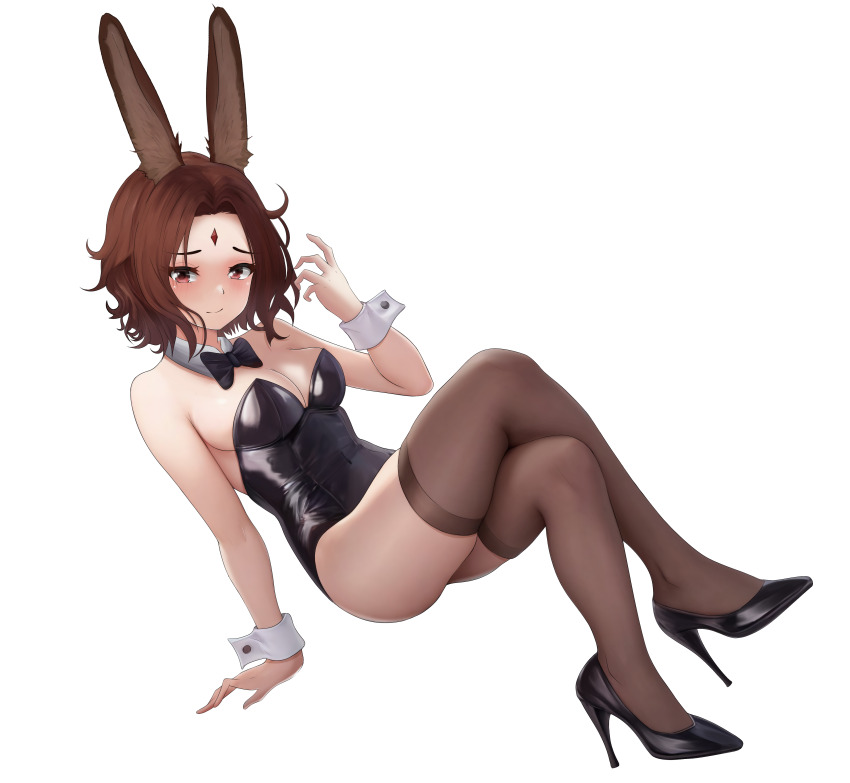 1girl, absurdres, animal_ear_hairband, animal_ears, bindi, black_bow, black_bowtie, black_leotard