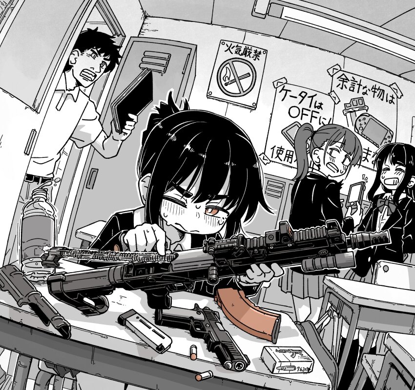 1boy, 3girls, absurdres, ak-104, black_hair, blazer, bocchi-ya-nawi, bottle