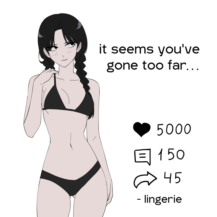 1girl, the_addams_family, arm_at_side, bare_arms, bare_shoulders, black_bra, black_eyes, black_hair, black_panties, blush, bra, braid, breasts, cleavage, collarbone, contrapposto, cowboy_shot, empty_eyes, english_text, facing_viewer, fash, flat_color, gluteal_fold, hair_behind_ear, hand_on_own_shoulder, hand_up, head_tilt, heart, highres, lips, long_hair, looking_to_the_side, navel, no_pupils, paid_reward_available, panties, small_breasts, solo, standing, stomach, twin_braids, twitter_strip_game, underwear, underwear_only, wednesday_(netflix), wednesday_addams