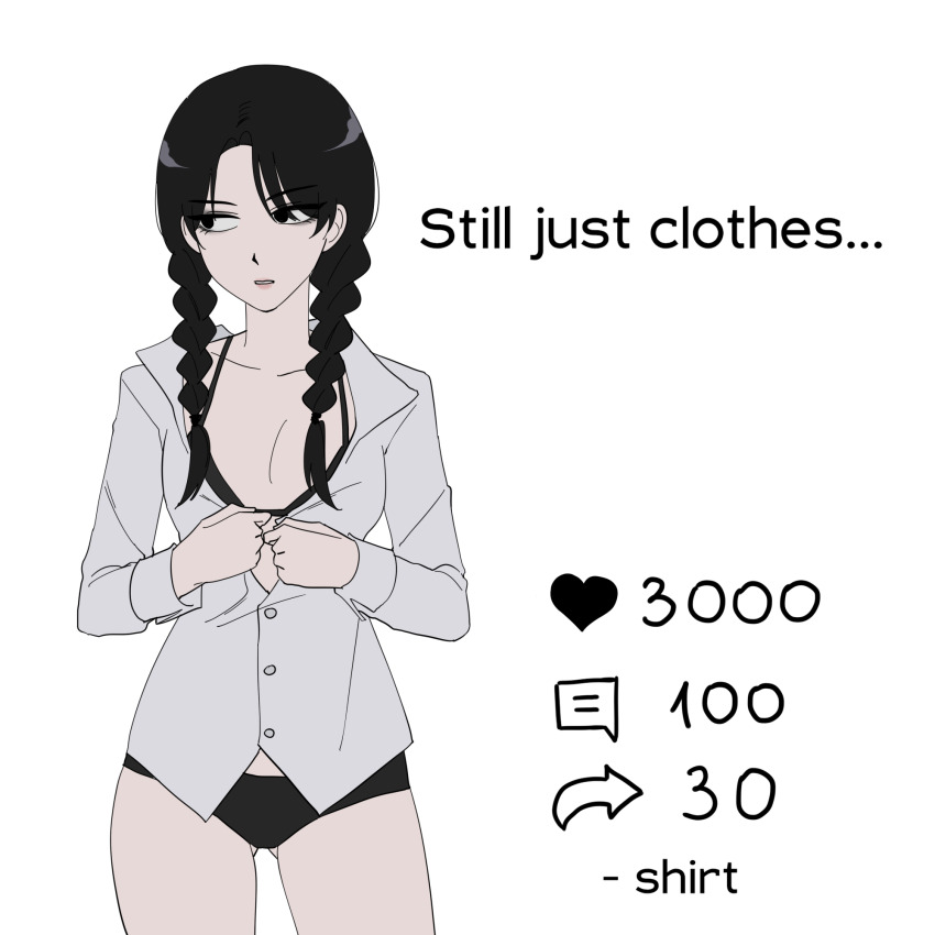 1girl, the_addams_family, black_bra, black_eyes, black_hair, black_panties, bra, braid