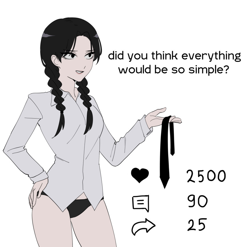 1girl, black_eyes, black_hair, black_necktie, black_panties, braid, breasts, collared_shirt, commentary, cowboy_shot, empty_eyes, english_commentary, english_text, fash, flat_color, grin, hair_over_shoulder, hand_on_own_hip, hand_up, heart, highres, holding, holding_necktie, holding_unworn_clothes, holding_unworn_necktie, lips, long_hair, long_sleeves, looking_ahead, necktie, no_pupils, panties, shirt, small_breasts, smile, solo, standing, the_addams_family, twin_braids, twitter_strip_game, underwear, unworn_necktie, upturned_eyes, wednesday_(netflix), wednesday_addams, white_shirt