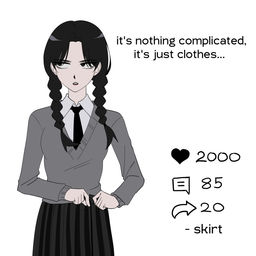 1girl, the_addams_family, adjusting_skirt, black_eyes, black_hair, black_necktie, black_skirt, braid