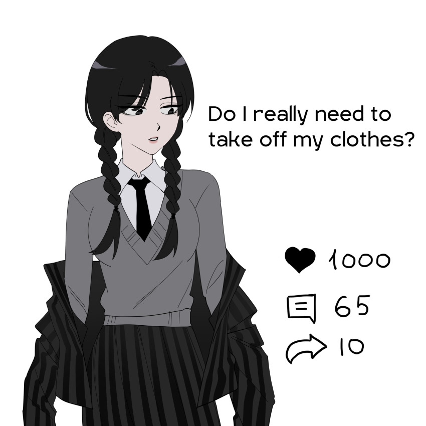 1girl, the_addams_family, arms_at_sides, black_eyes, black_hair, black_jacket, black_necktie, black_skirt