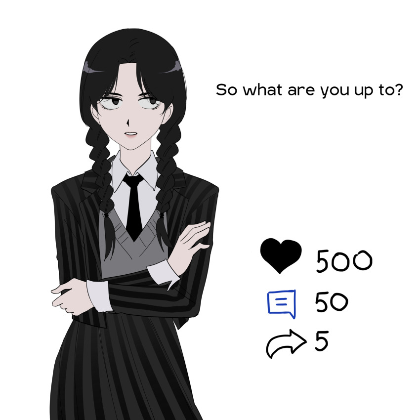 1girl, the_addams_family, black_eyes, black_hair, black_jacket, black_necktie, black_skirt, braid