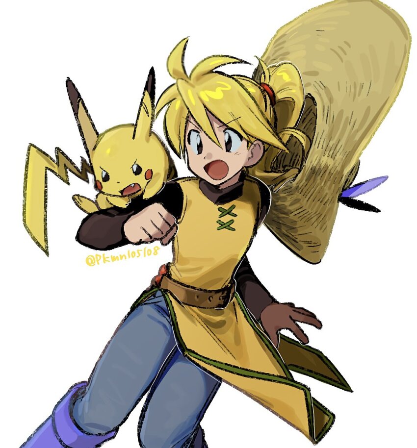 1girl, afyewv5, black_shirt, blonde_hair, blue_pants, brown_hat, clenched_hand, gen_1_pokemon