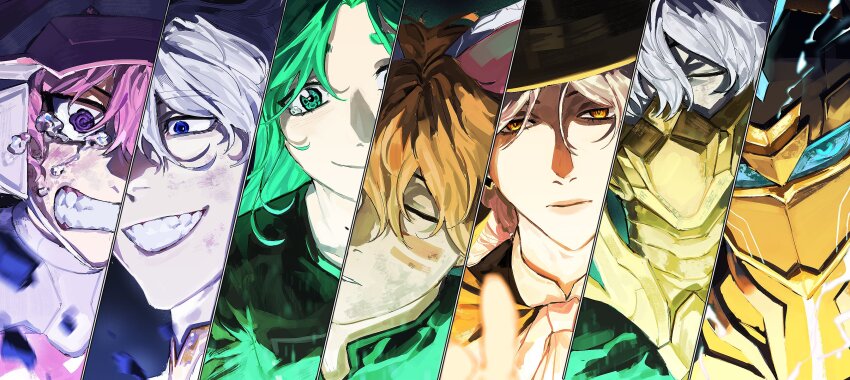 .kireen, 3girls, 4boys, @_@, absurdres, angry, armor, black_hat