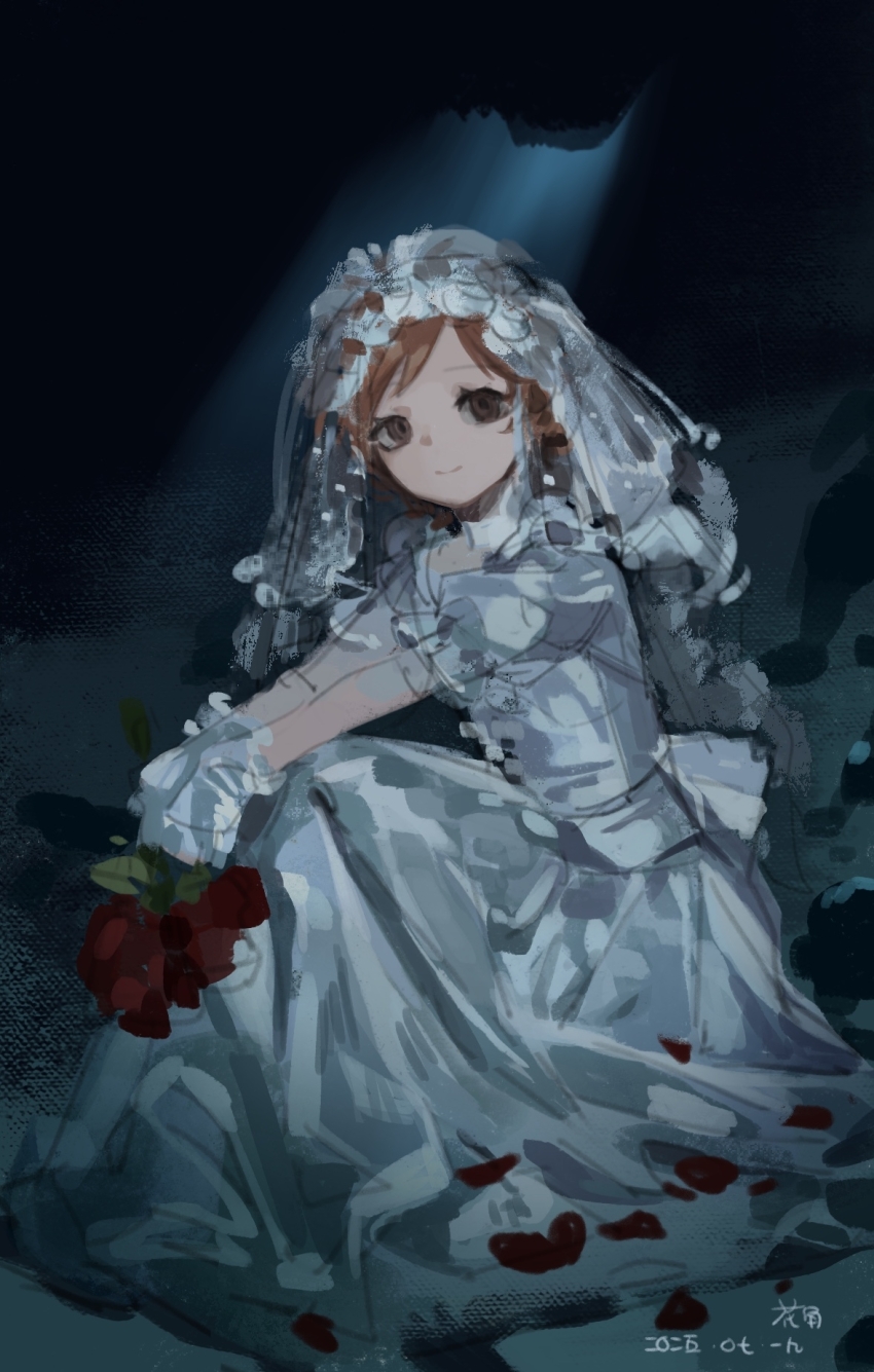1boy, bouquet, bridal_veil, bride, brown_eyes, brown_hair, chinese_commentary, chinese_text