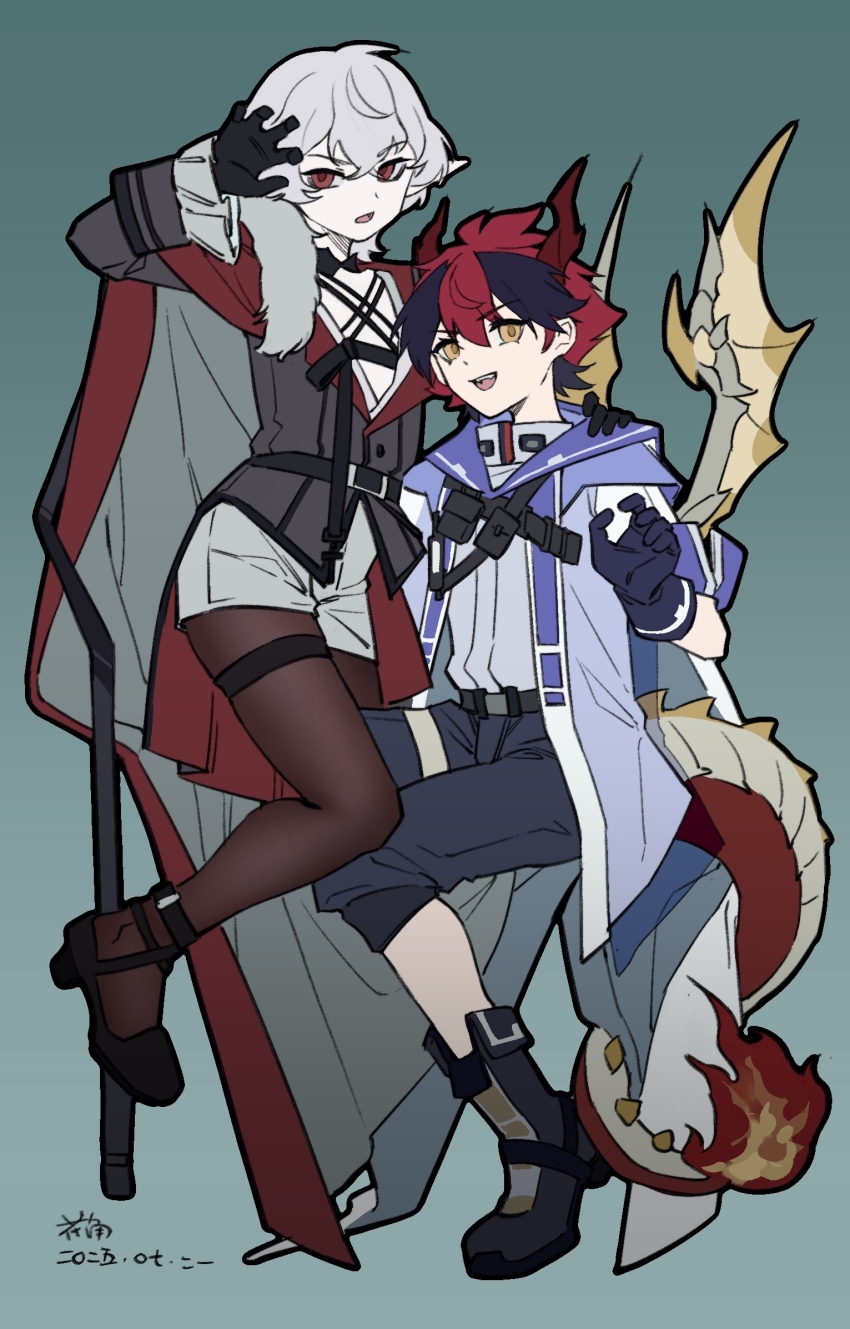 2boys, belt, black_belt, black_boots, black_gloves, black_hair, black_jacket, black_pantyhose