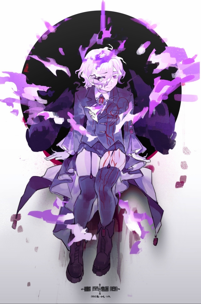 1boy, adapted_costume, ascot, black_boots, black_jacket, black_shorts, black_thighhighs, boots