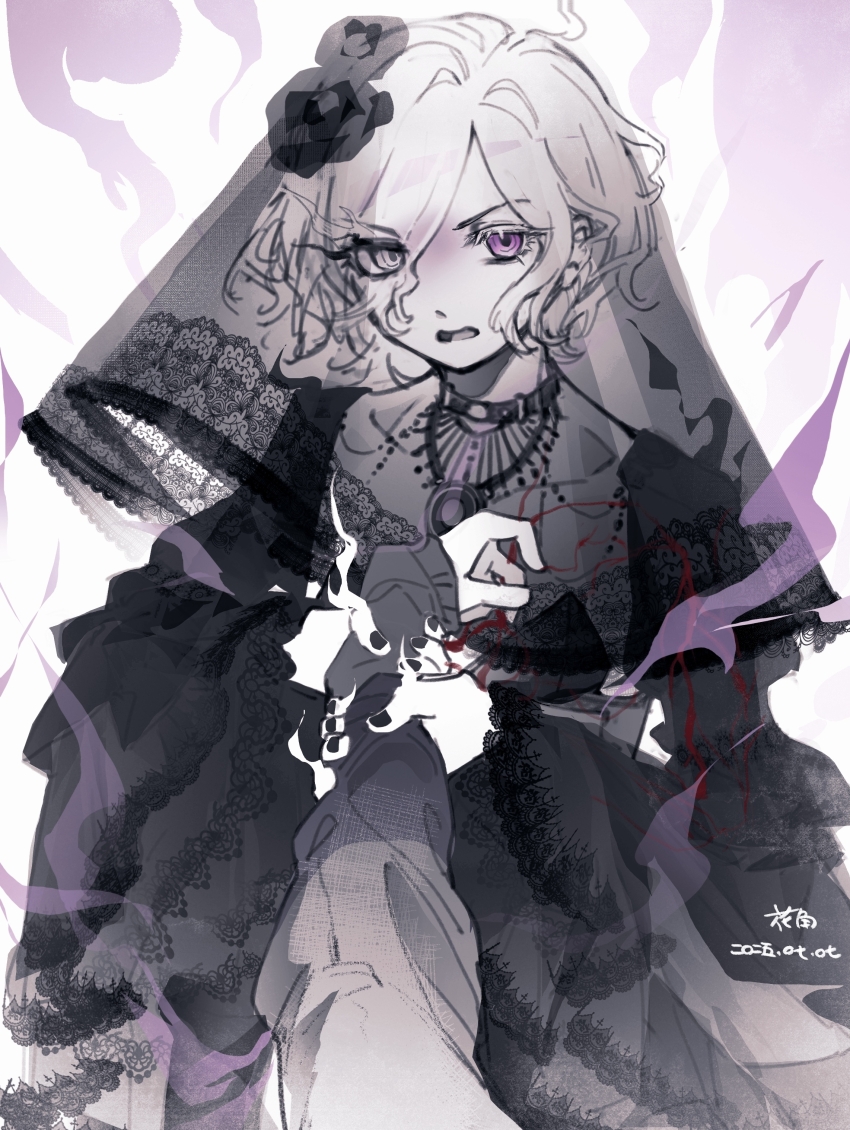 2boys, absurdres, alternate_costume, black_choker, black_dress, black_nails, black_veil, chinese_commentary