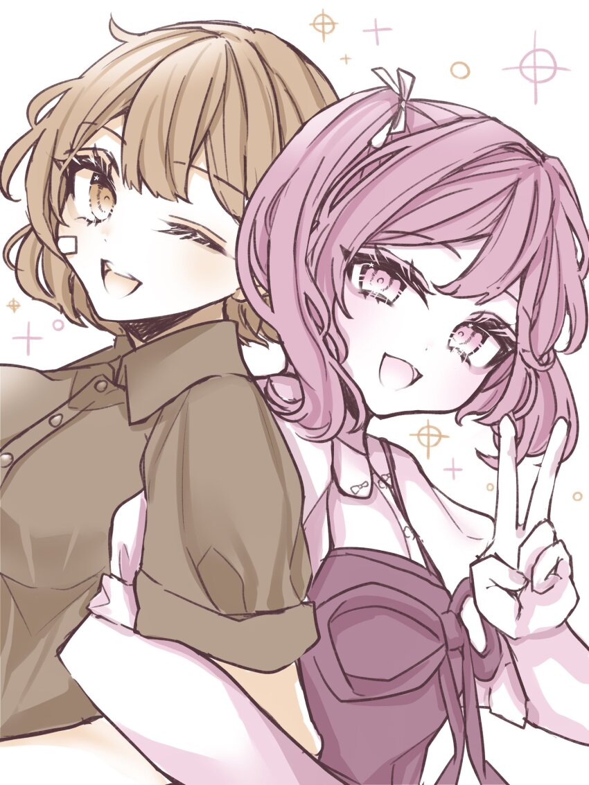 2girls, bandaid, bandaid_on_cheek, bandaid_on_face, blush, breasts, collared_shirt, commentary_request