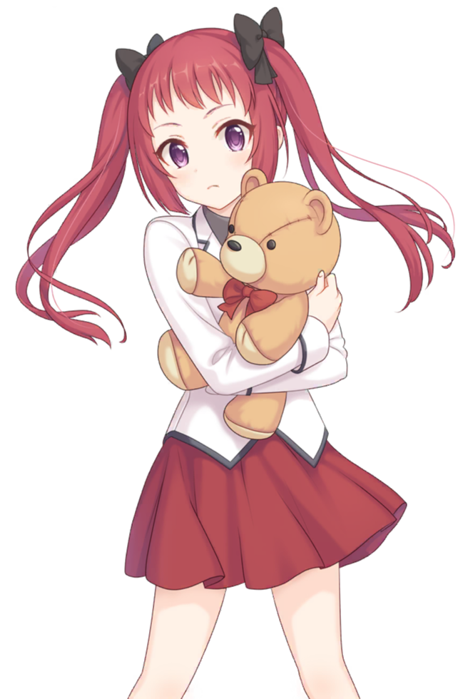 1girl, ayane_(princess_connect!), ayane_(real)_(princess_connect!), black_bow, blunt_bangs, bow, closed_mouth, cowboy_shot, floating_clothes, floating_hair, hair_bow, hair_ornament, holding, holding_stuffed_toy, jacket, legs_apart, long_hair, long_sleeves, looking_at_viewer, miniskirt, official_art, princess_connect!, purple_eyes, red_bow, red_hair, red_skirt, sakuraba_institute_school_uniform, school_uniform, skirt, standing, stuffed_animal, stuffed_toy, tachi-e, teddy_bear, thighs, third-party_source, transparent_background, twintails, white_jacket, white_sleeves