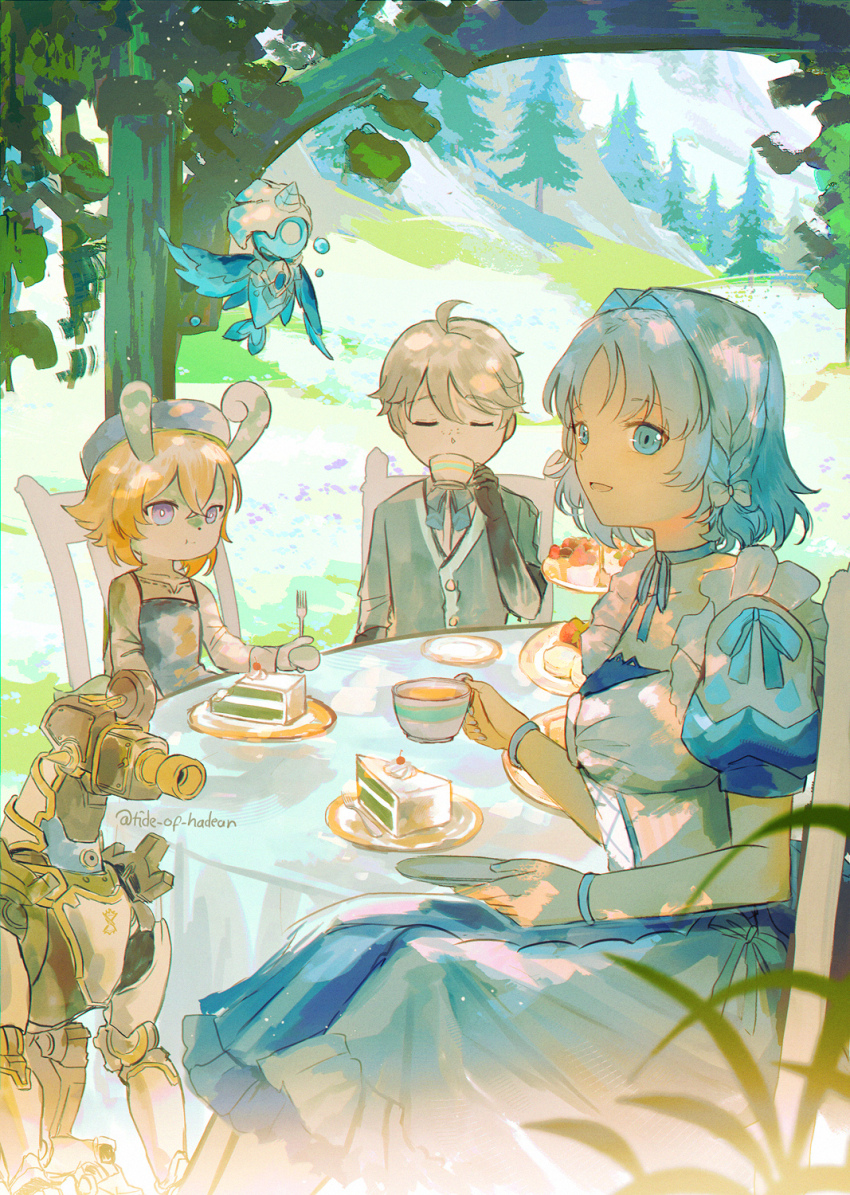 1boy, 2girls, 2others, ann_(genshin_impact), artist_name, blonde_hair, blue_dress, blue_eyes